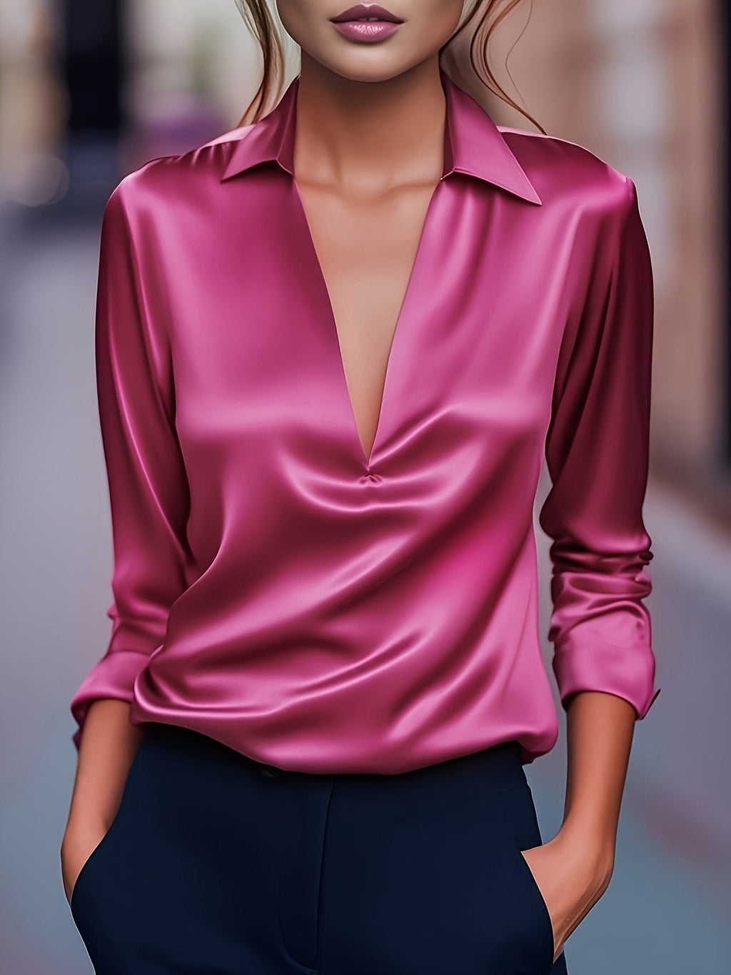 Women's Stylish, Versatile Satin-Look Blouse with V-Neck