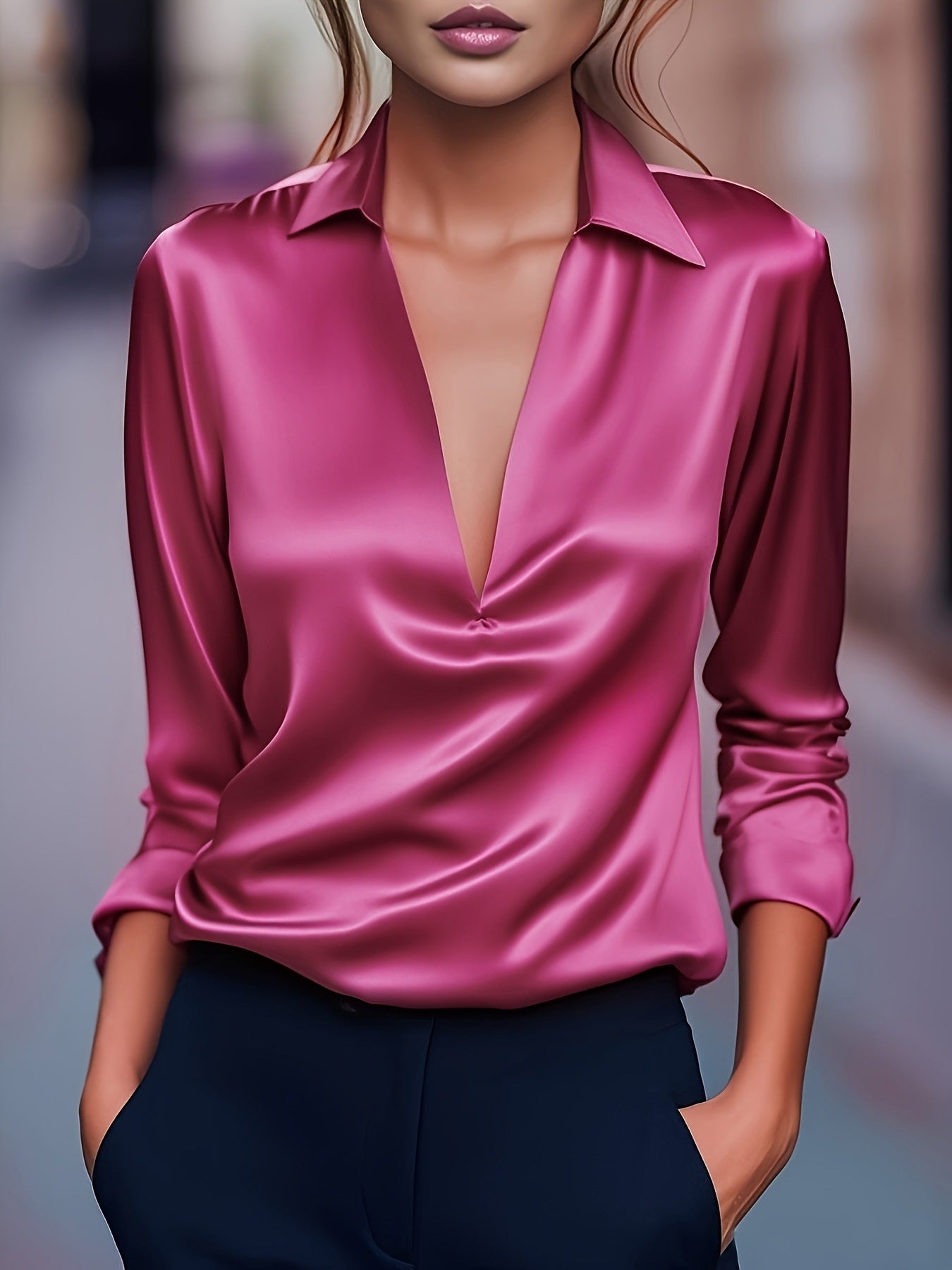 Women's Stylish, Versatile Satin-Look Blouse with V-Neck