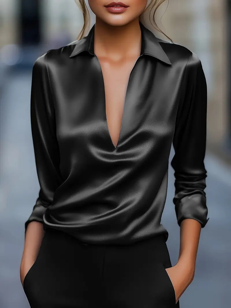Women's Stylish, Versatile Satin-Look Blouse with V-Neck