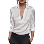 Women's Stylish, Versatile Satin-Look Blouse with V-Neck