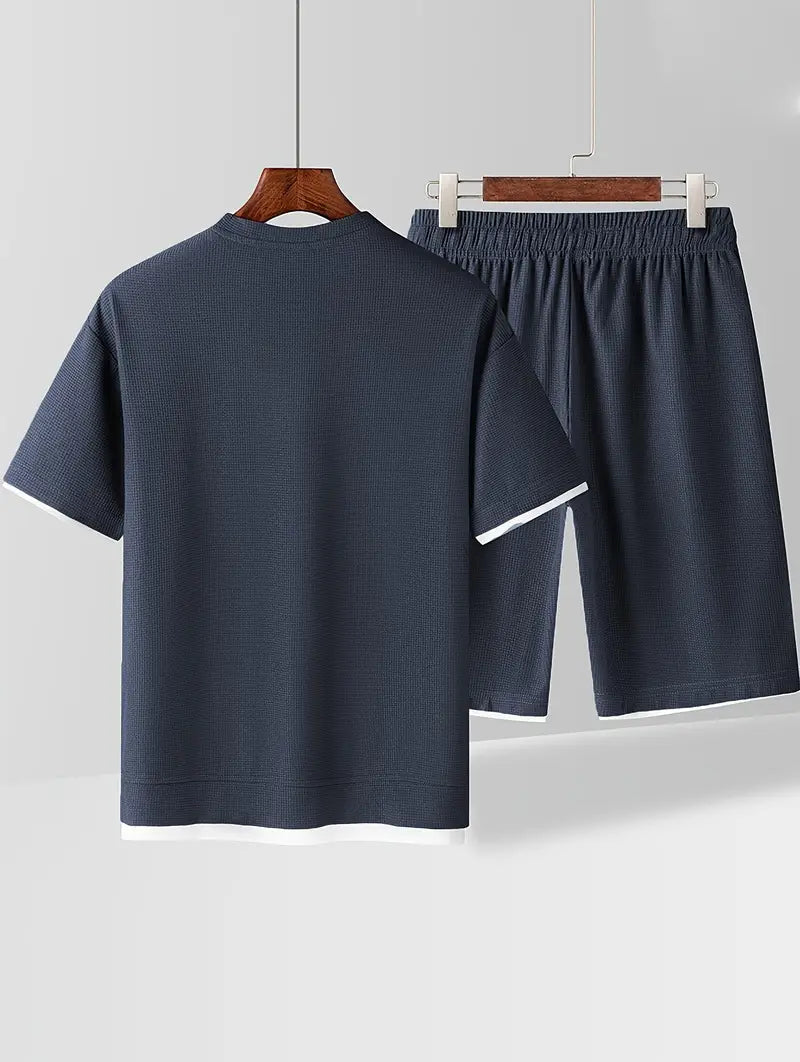 Waffle Knit Set for Men | Short Sleeve T-Shirt and Shorts Two-Piece | Breathable Casual Set with Drawstring | Relaxed Fit