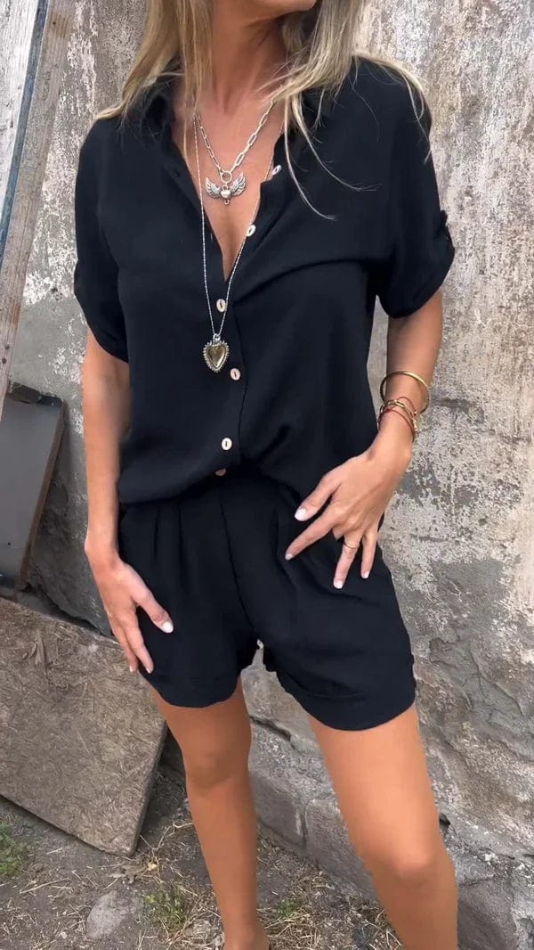 Damen Sommer-Set Zweiteiler | Luftige Bluse mit Knopfleiste und passende Shorts | Bequemes Freizeit-Outfit für warme Tage