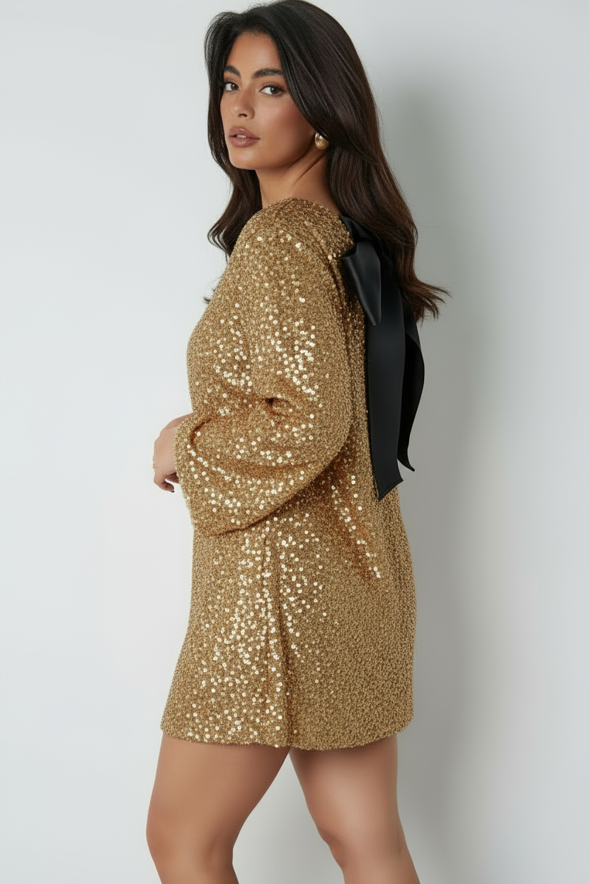 Livia Goldfarbenes Mini Kleid mit Schleife am Rücken