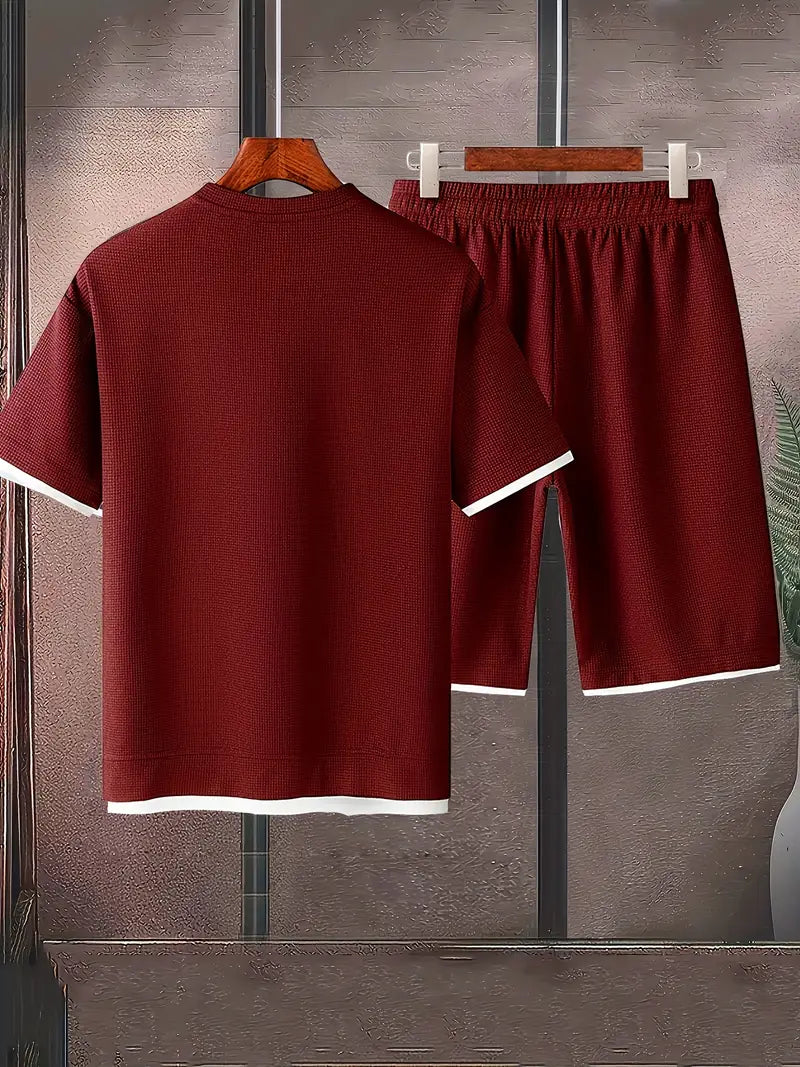 Waffle Knit Set for Men | Short Sleeve T-Shirt and Shorts Two-Piece | Breathable Casual Set with Drawstring | Relaxed Fit