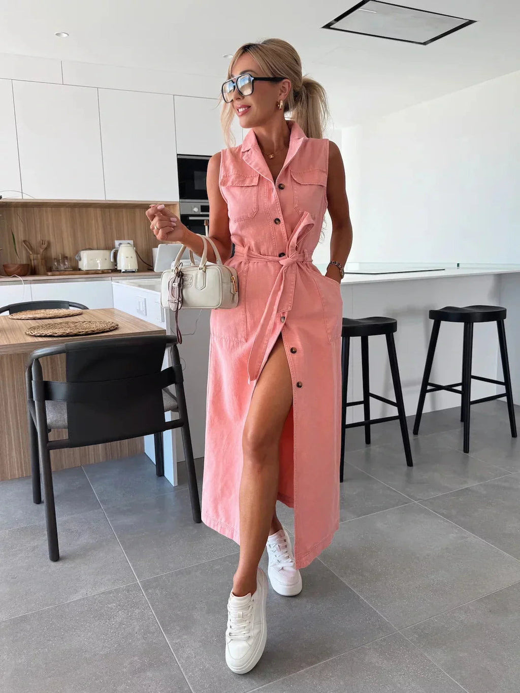 Women's Midi Dress in Denim Look | Lightweight Summer Dress with Side Slit and Belt | Sleeveless Casual Dress with Button Placket