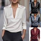 Women's Stylish, Versatile Satin-Look Blouse with V-Neck