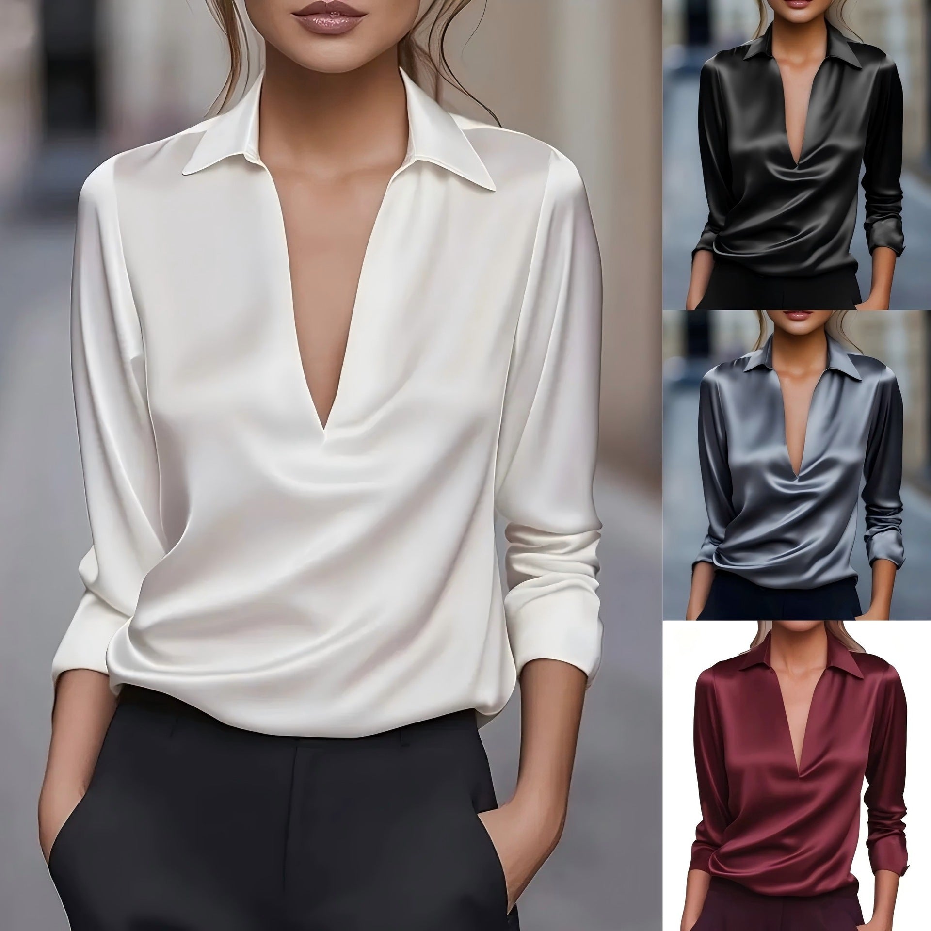 Women's Stylish, Versatile Satin-Look Blouse with V-Neck