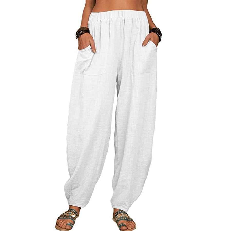 Leinenhose Damen mit Gummibund | Bequeme Haremshose aus Baumwolle-Leinen-Mix | Luftige Freizeithose mit Taschen für den Alltag