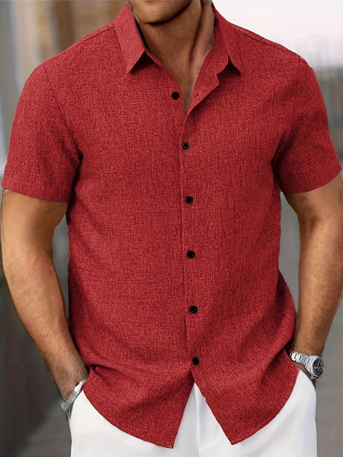 Men's Short-Sleeve Linen Shirt - Lightweight Summer Shirt Made from Linen Blend - Breathable Casual Shirt for Vacation and Everyday Wear