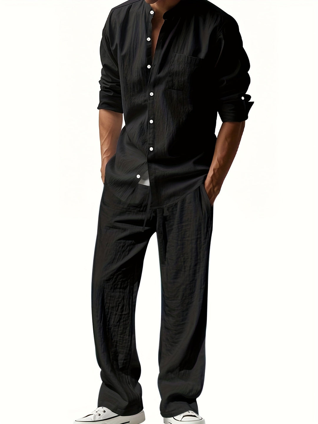 Linen Set for Men | Airy Summer Set made of breathable linen with a stand-up collar shirt and relaxed fit pants for vacation
