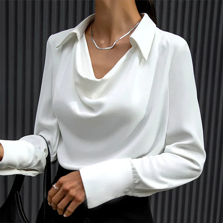 Women's silk blouse with cowl neckline and classic collar | Elegant long-sleeve blouse for business and leisure