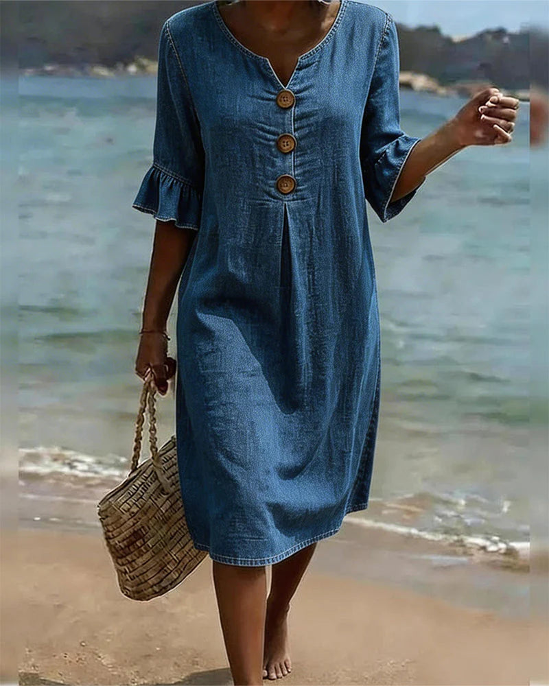 Women's Denim Dress | Loose Summer Dress with Button Placket | Comfortable Midi Dress with Half Sleeves and Round Neckline