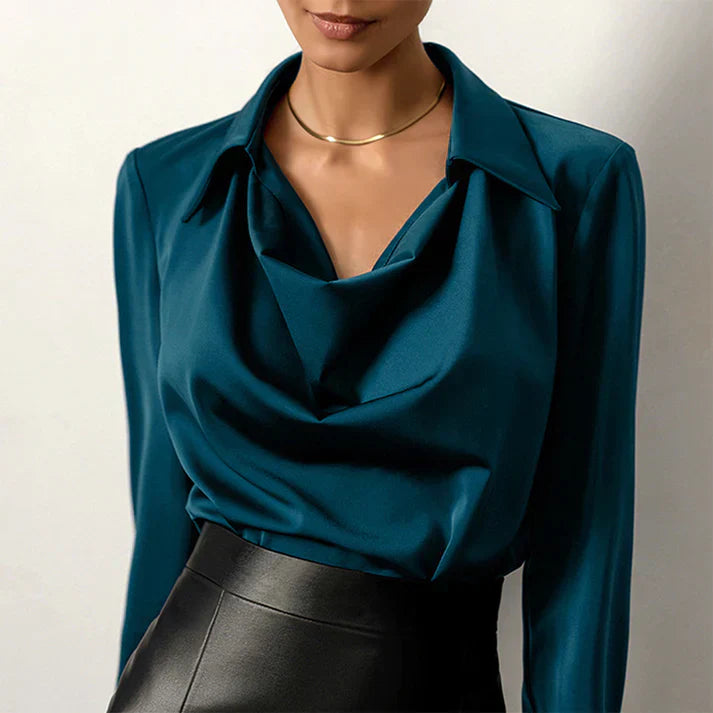 Women's silk blouse with cowl neckline and classic collar | Elegant long-sleeve blouse for business and leisure