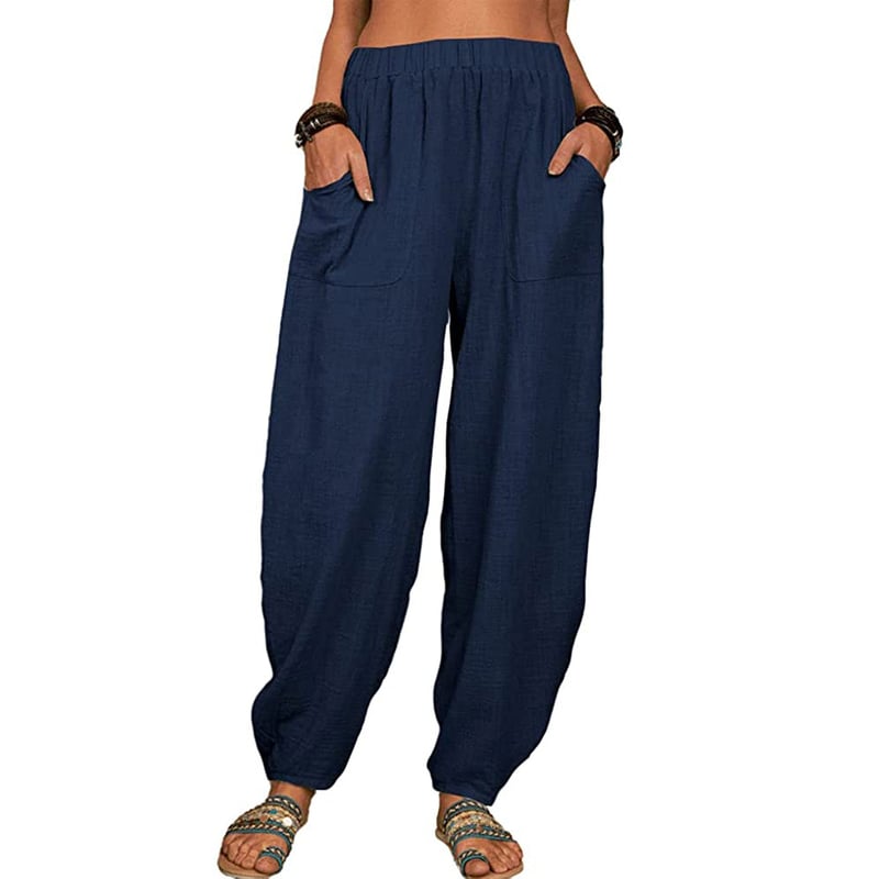 Leinenhose Damen mit Gummibund | Bequeme Haremshose aus Baumwolle-Leinen-Mix | Luftige Freizeithose mit Taschen für den Alltag