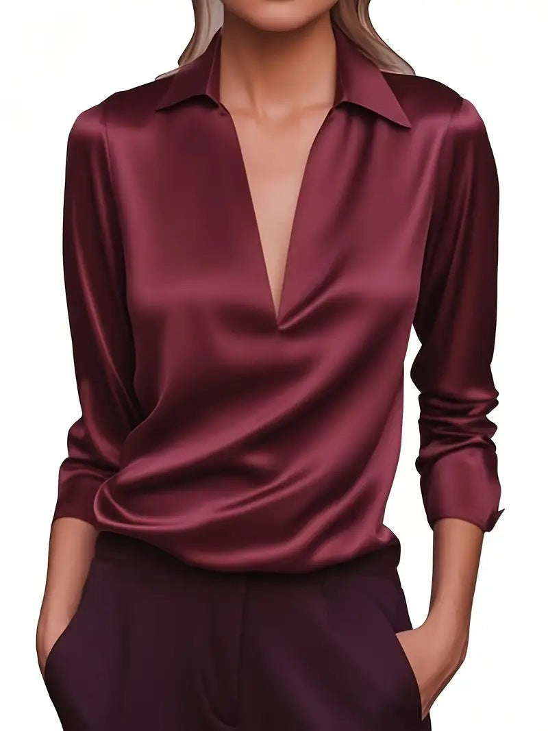 Women's Stylish, Versatile Satin-Look Blouse with V-Neck