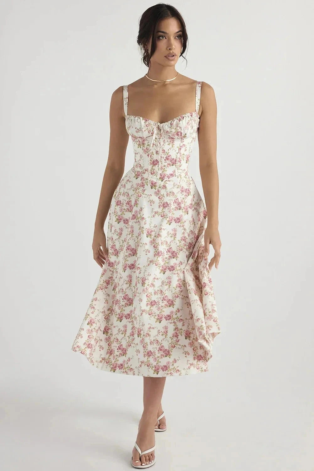 Elegantes Sommerkleid mit Korsett-Oberteil und Blumenmuster