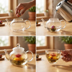 Step-by-step process of making floral tea with a glass teapot and cup.