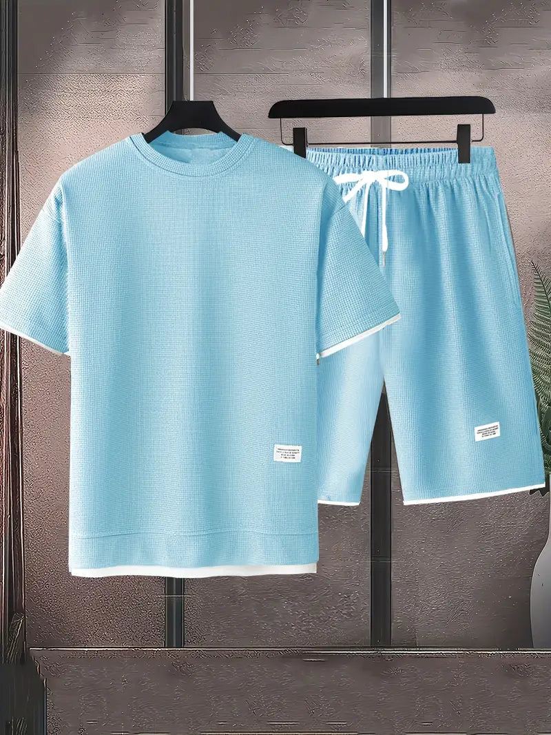 Waffle Knit Set for Men | Short Sleeve T-Shirt and Shorts Two-Piece | Breathable Casual Set with Drawstring | Relaxed Fit