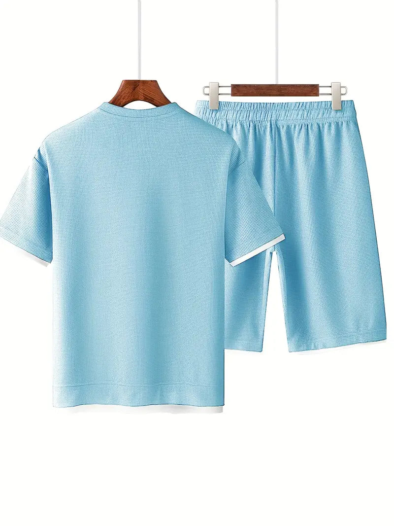 Waffle Knit Set for Men | Short Sleeve T-Shirt and Shorts Two-Piece | Breathable Casual Set with Drawstring | Relaxed Fit