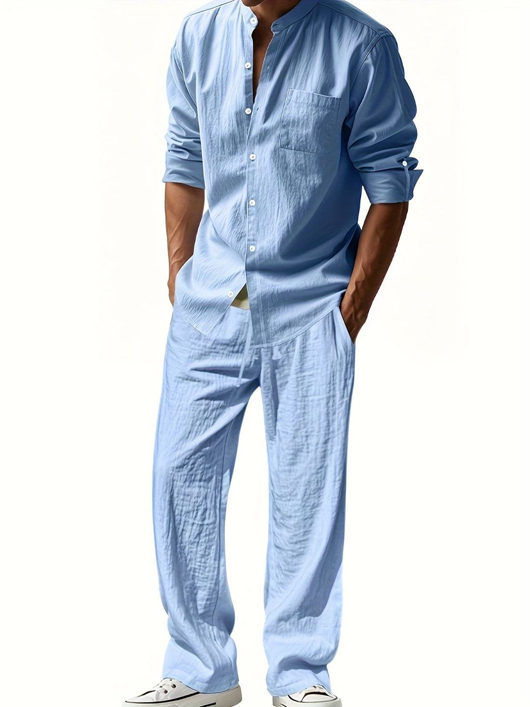 Linen Set for Men | Airy Summer Set made of breathable linen with a stand-up collar shirt and relaxed fit pants for vacation