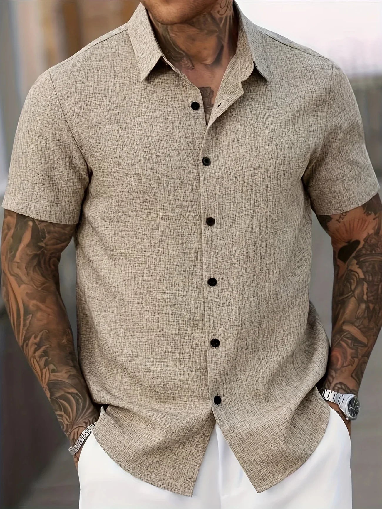 Men's Short-Sleeve Linen Shirt - Lightweight Summer Shirt Made from Linen Blend - Breathable Casual Shirt for Vacation and Everyday Wear