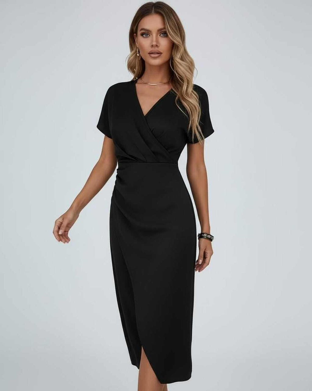 Elara Midi Dress by Lauven - Elegant black wrap dress with modern feminine silhouette.