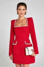 Langarm Tweed Minikleid für Damen mit Perlendetails und elegantem Schnitt