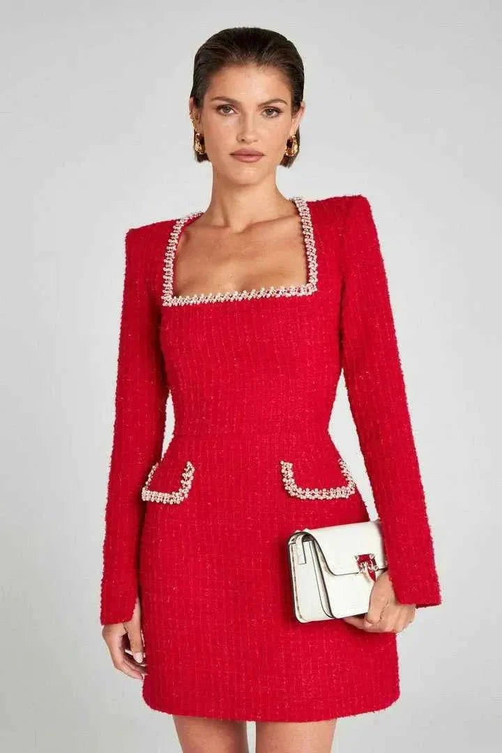 Langarm Tweed Minikleid für Damen mit Perlendetails und elegantem Schnitt