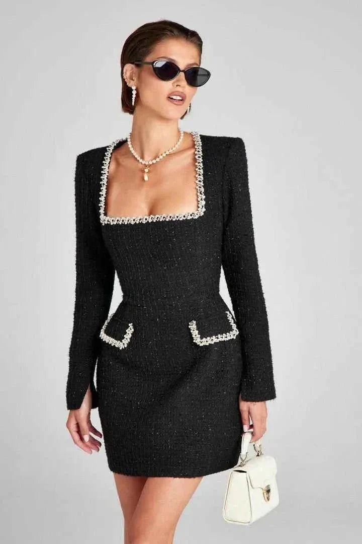 Langarm Tweed Minikleid für Damen mit Perlendetails und elegantem Schnitt