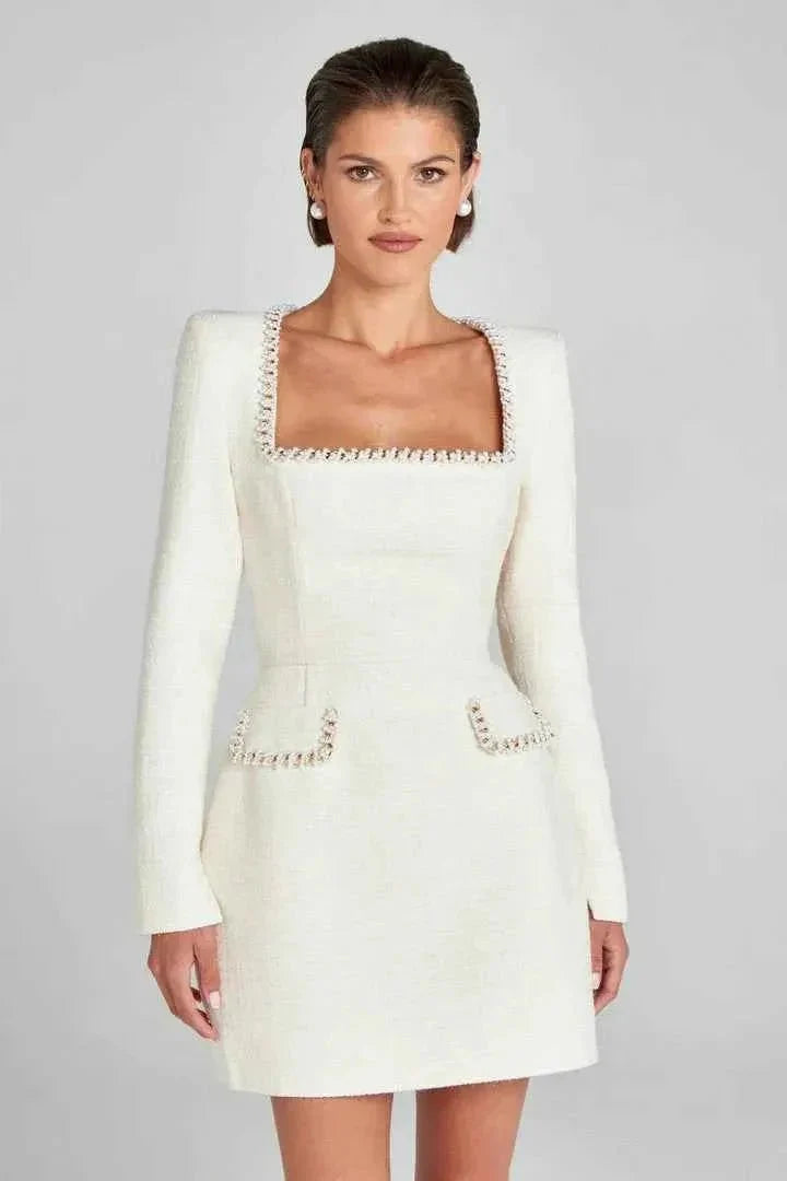 Long-sleeve tweed mini dress for women with pearl details and elegant cut