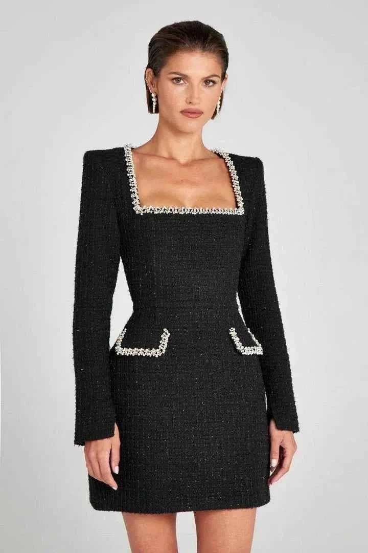Long-sleeve tweed mini dress for women with pearl details and elegant cut