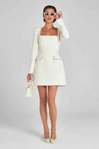 Langarm Tweed Minikleid für Damen mit Perlendetails und elegantem Schnitt