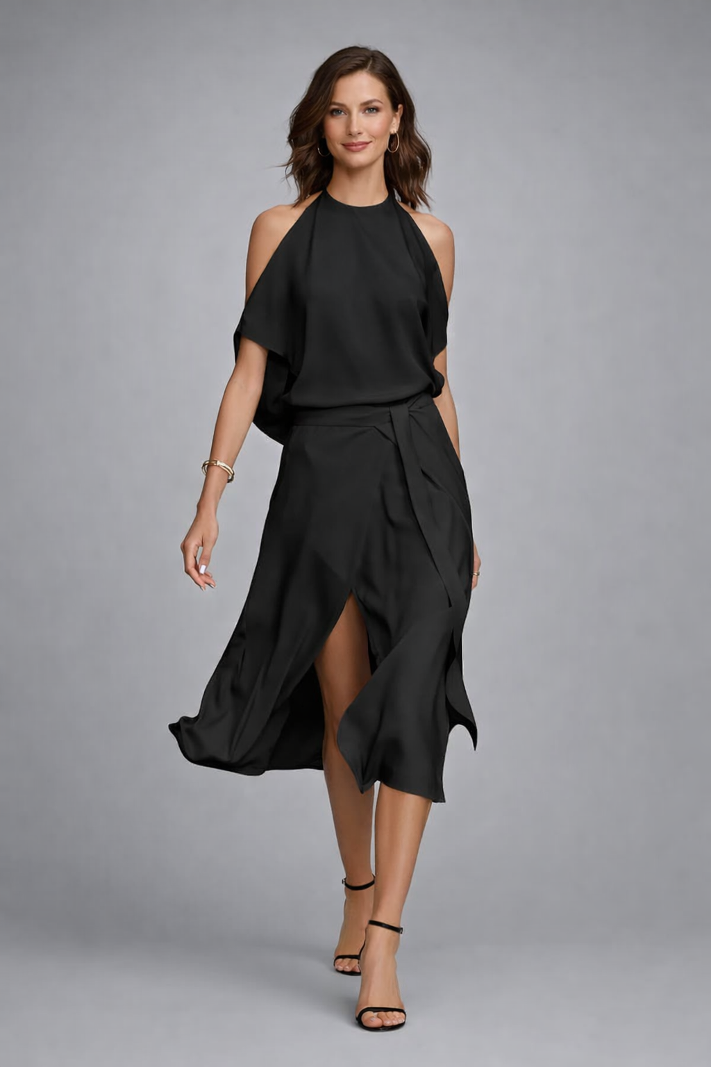 Schulterfreies Damen Sommerkleid Midi Halterneck aus Baumwollmischung Knitterfrei und Pflegeleicht für festliche Anlässe