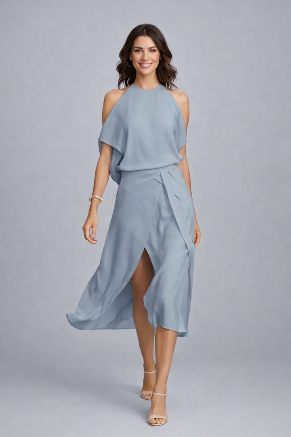 Schulterfreies Damen Sommerkleid Midi Halterneck aus Baumwollmischung Knitterfrei und Pflegeleicht für festliche Anlässe