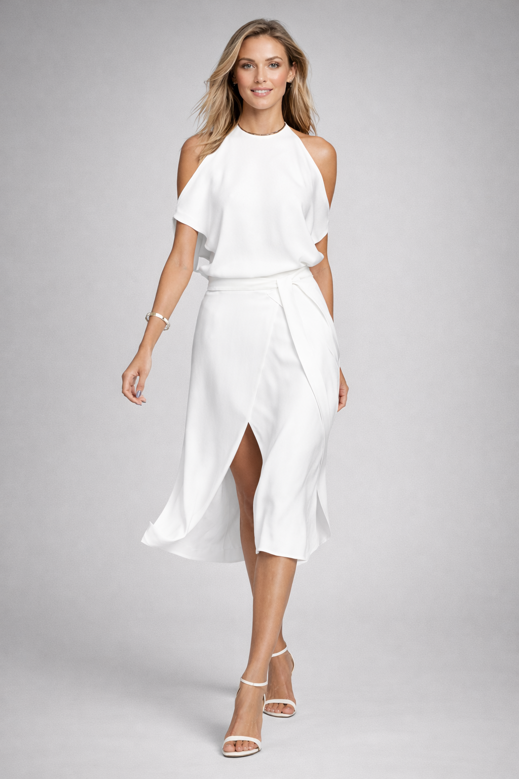 Schulterfreies Damen Sommerkleid Midi Halterneck aus Baumwollmischung Knitterfrei und Pflegeleicht für festliche Anlässe
