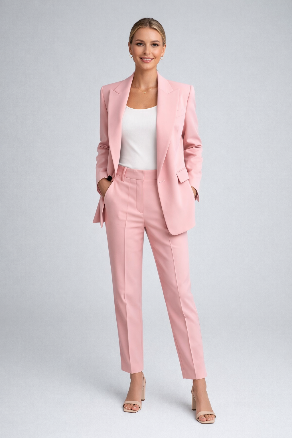 Women's Blazer Set with Pants | Elegant Pantsuit for Office and Leisure | Two-Piece with Slim Lapel and Button Details