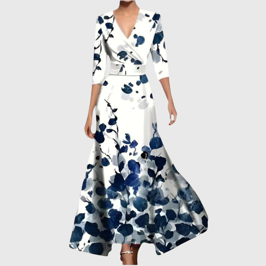 Maxikleid Damen mit V-Ausschnitt und Blumenmuster | Elegantes Wickelkleid mit kurzen Ärmeln für festliche Anlässe und Sommer