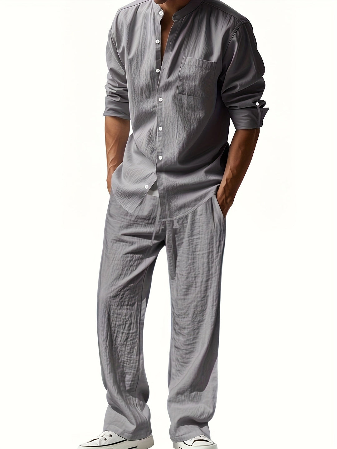 Leinen Set Herren | Luftiges Sommer Set aus atmungsaktivem Leinen mit Stehkragen Hemd und Relaxed Fit Hose für den Urlaub