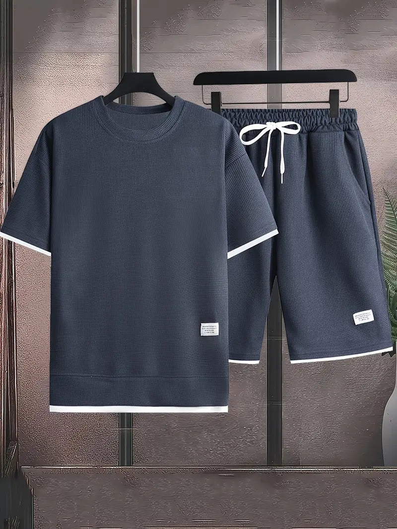 Waffle Knit Set for Men | Short Sleeve T-Shirt and Shorts Two-Piece | Breathable Casual Set with Drawstring | Relaxed Fit