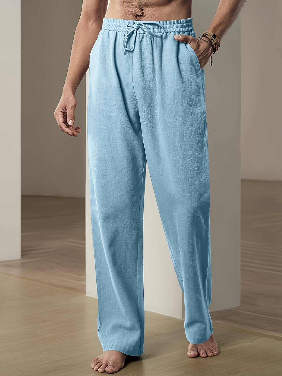 Men's linen pants summer pants with elastic waistband and drawstring - Lightweight breathable casual pants for everyday wear