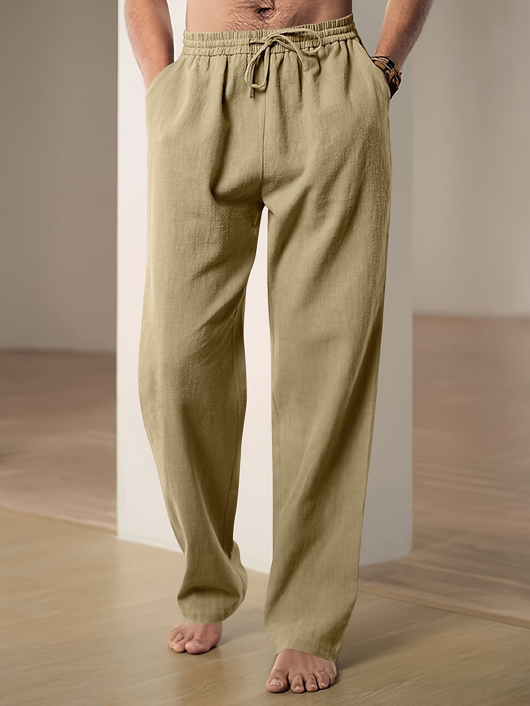 Men's linen pants summer pants with elastic waistband and drawstring - Lightweight breathable casual pants for everyday wear