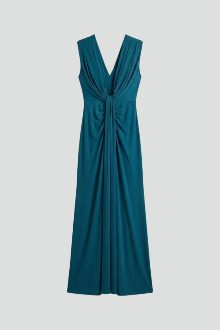 Damen Maxikleid mit V-Ausschnitt | Ärmelloses Abendkleid bodenlang mit vertikaler Plissierung für festliche Anlässe