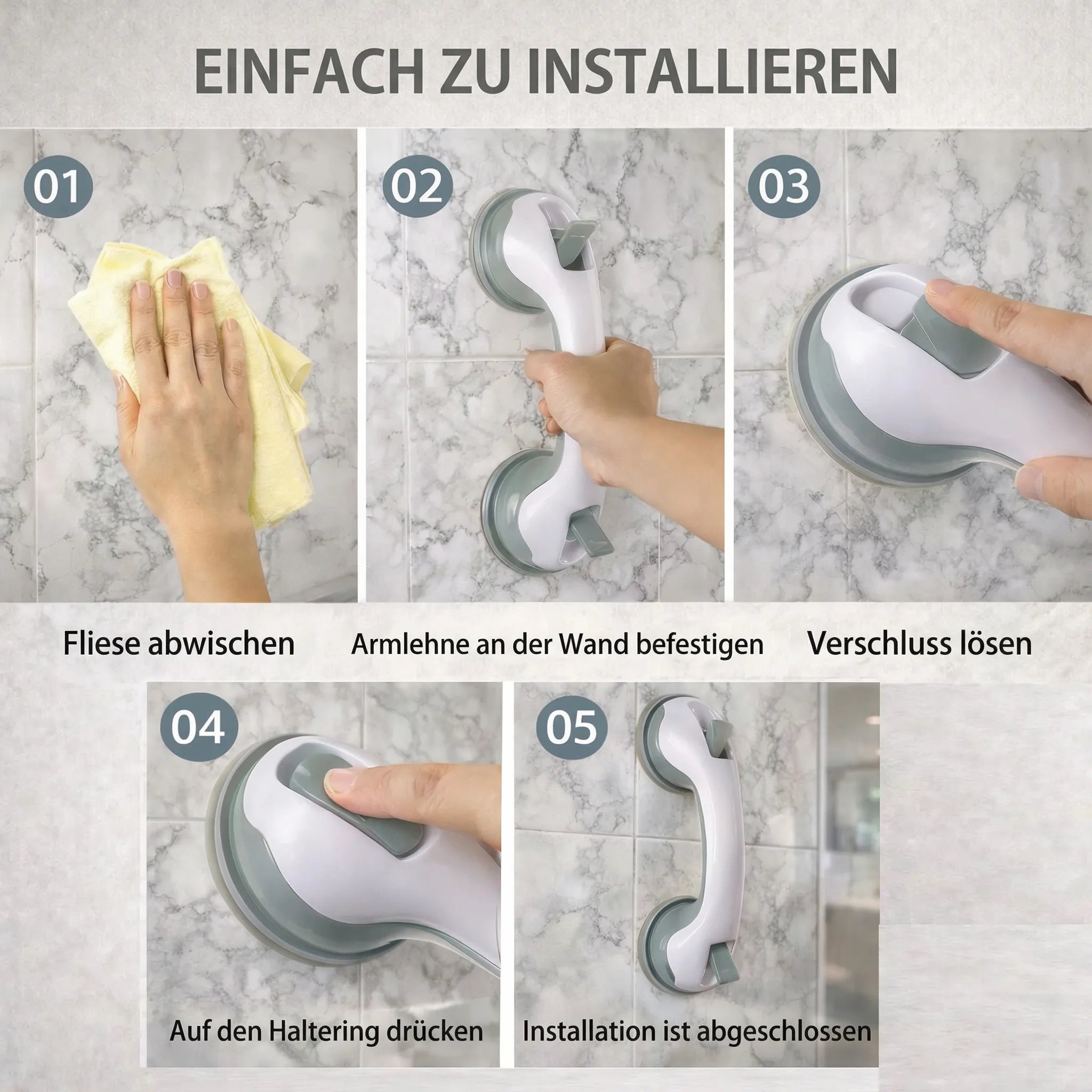 Haltegriff für Dusche, Badewanne oder WC mit Saugnapf – rutschfester Sicherheitsgriff ohne Bohren