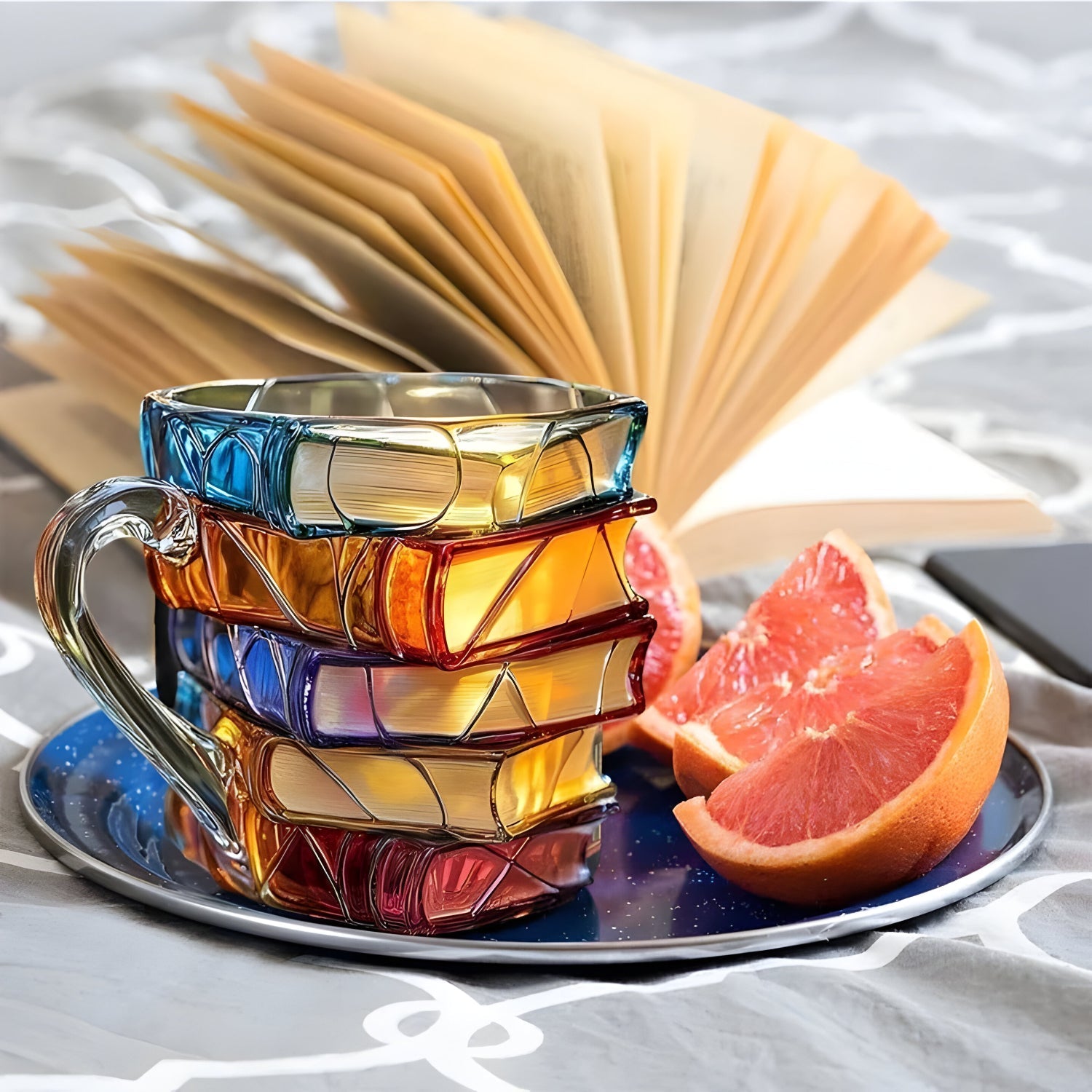 Bunter 3D-Bücher-Becher aus Kunstharz