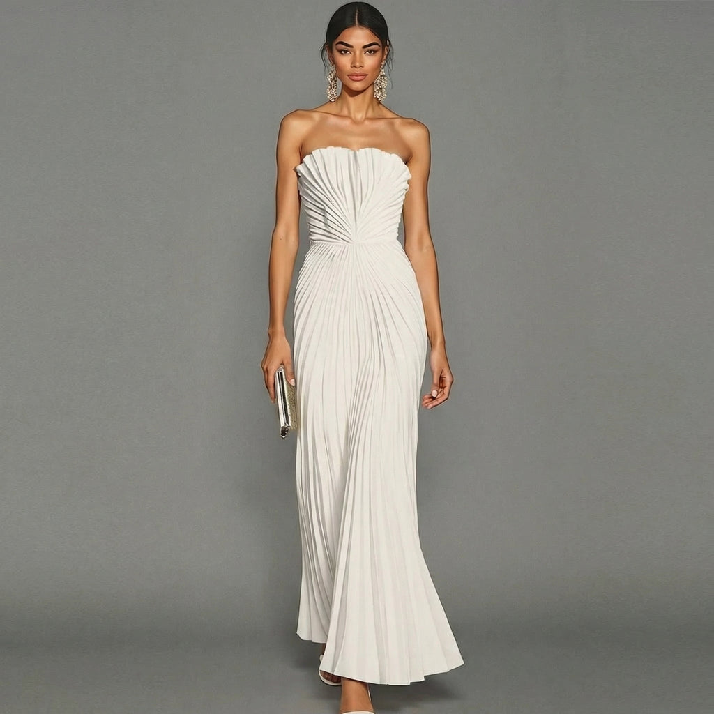 Pleated Strapless Maxi Dress for Women - Elegant & Festive