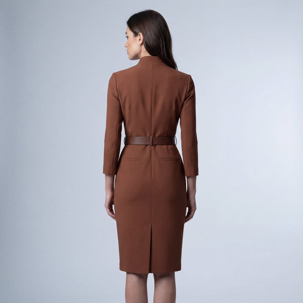 Elegant midi sheath dress with V-neck and belt