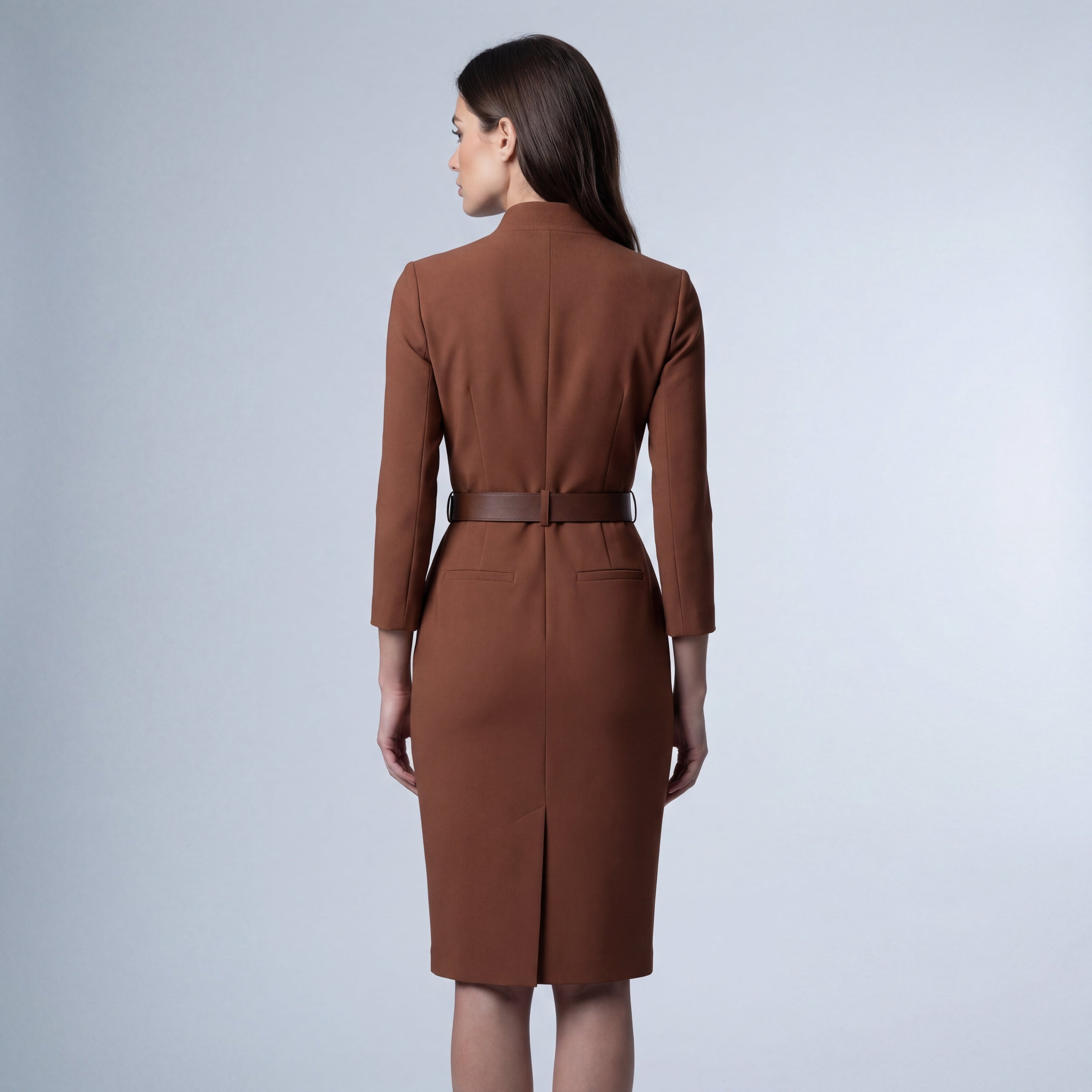 Elegant midi sheath dress with V-neck and belt