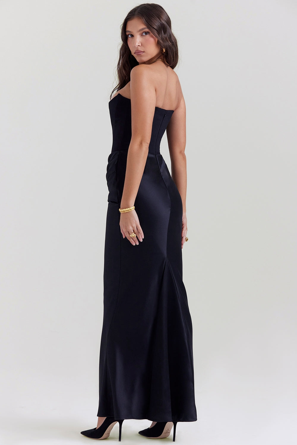Strapless Maxi Dress for Women | Elegant Evening Dress with Ruching and Fitted Silhouette | Flowing Long Dress