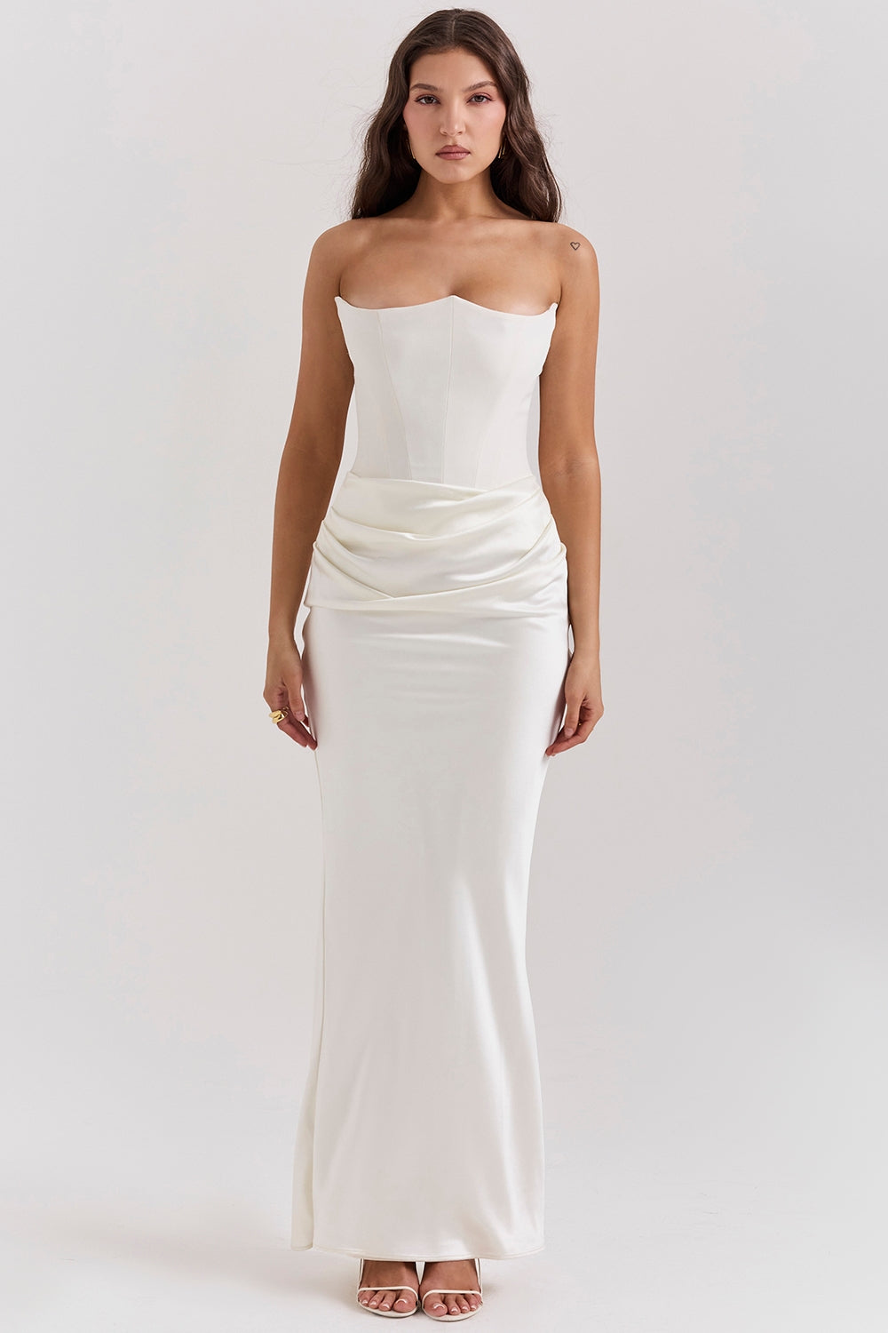 Strapless Maxi Dress for Women | Elegant Evening Dress with Ruching and Fitted Silhouette | Flowing Long Dress