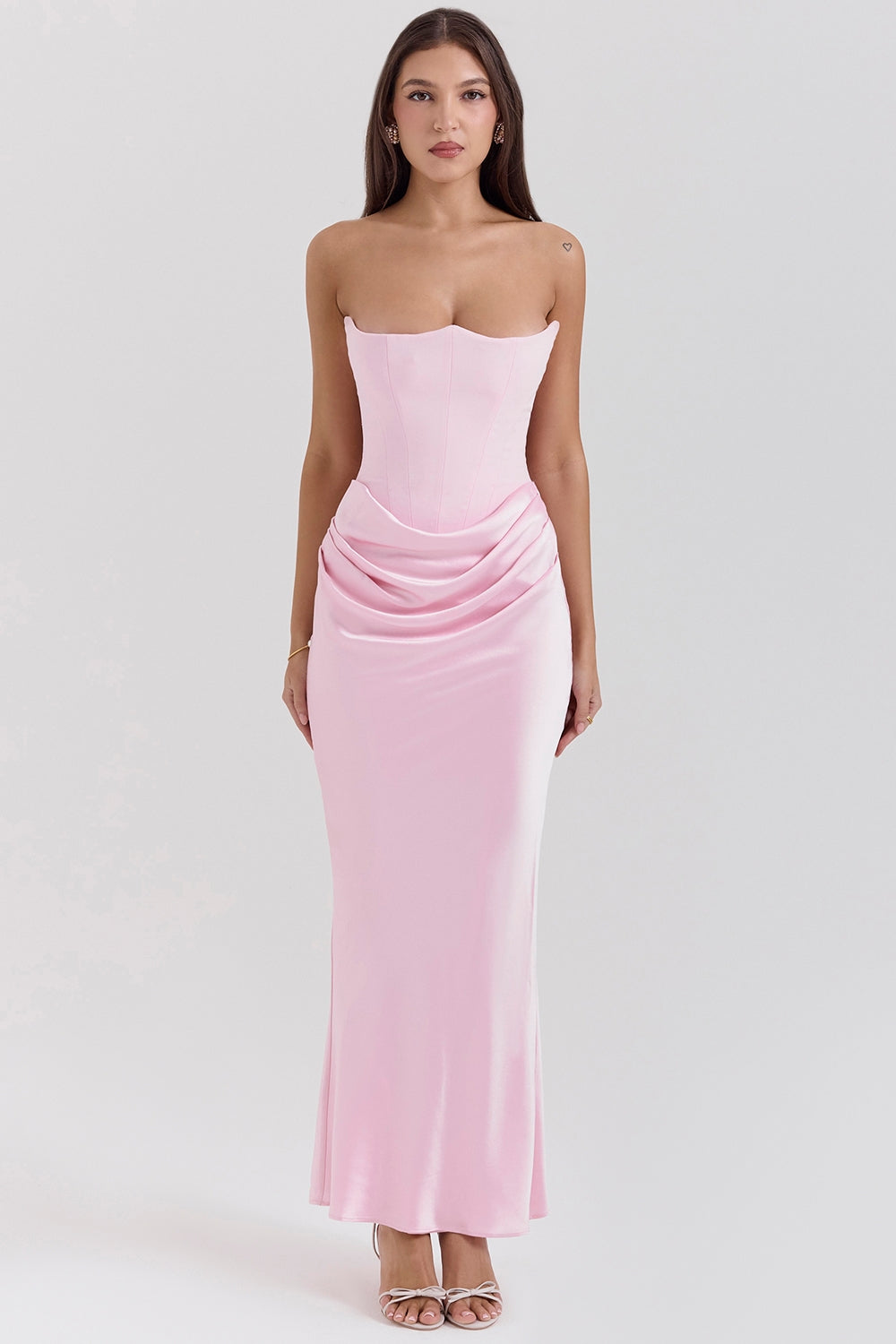 Strapless Maxi Dress for Women | Elegant Evening Dress with Ruching and Fitted Silhouette | Flowing Long Dress